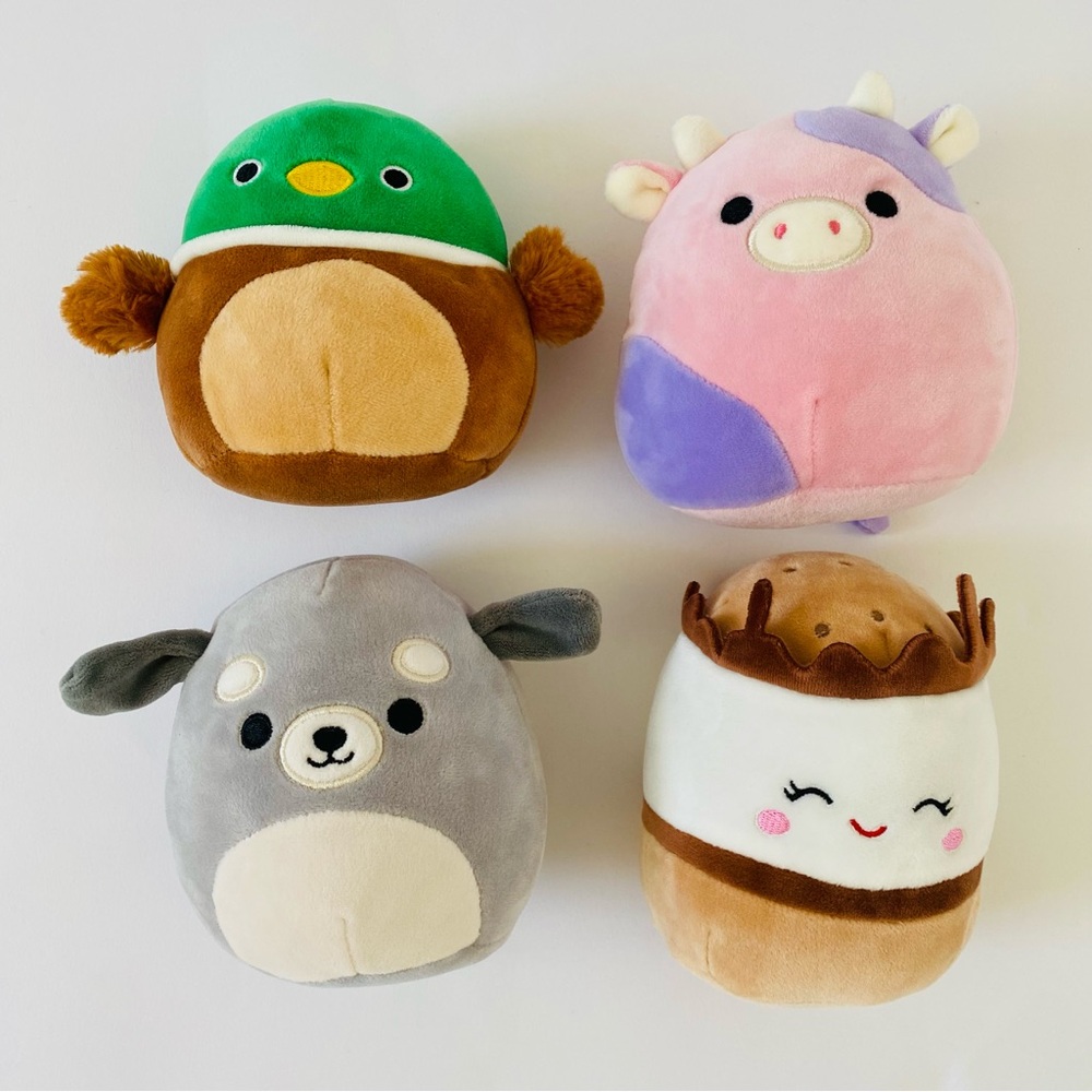 EUC Original Squishmallows Set of FOUR toys Kellytoy Cow Duck S’more Cookie Dog